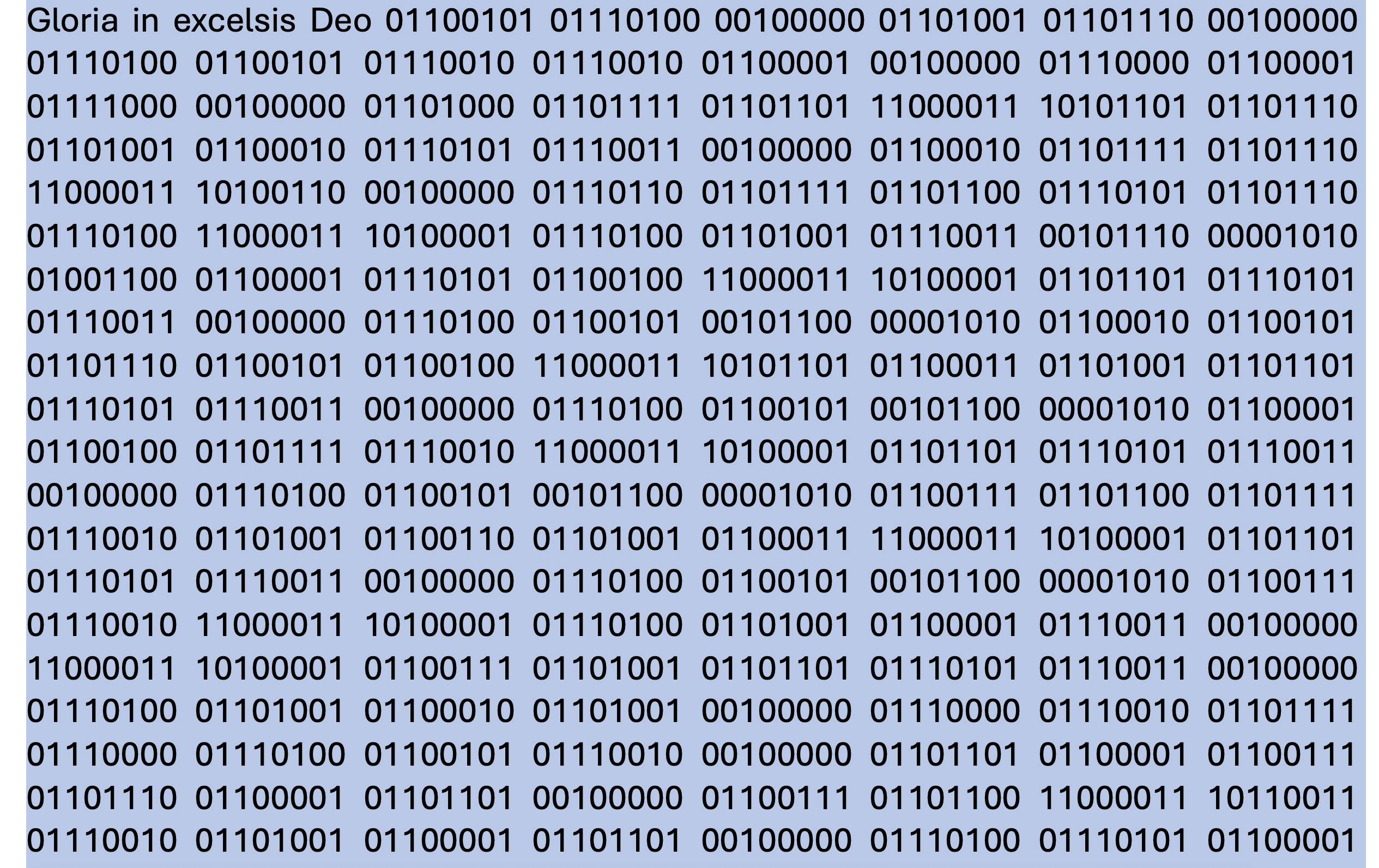 11001111 10001000 11001110 10111001 11001111 10000011 11001111 10000100 11001110 10111111 11001110 10111001 11001111 10000010 (Δόξα εν υψίστοις)