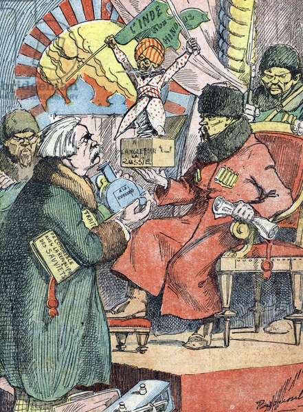 ELD4888317 Cartoon depicting British Prime Minister David Lloyd George came to sign a trade deal with Sovietic statesman Vladimir Lenin who offered him a statue celebrating India's independence movement in return”” (Caricature of british premier David Lloyd George visiting stateman Vladimir Lenin to sign a commercial treaty with soviet union) Illustration from “” Le pelerin”” January 1921 Private collection; (add.info.: Cartoon depicting British Prime Minister David Lloyd George came to sign a trade deal with Sovietic statesman Vladimir Lenin who offered him a statue celebrating India's independence movement in return”” (Caricature of british premier David Lloyd George visiting stateman Vladimir Lenin to sign a commercial treaty with soviet union) Illustration from “” Le pelerin”” January 1921 Private collection); Photo © The Holbarn Archive; it is possible that some works by this artist may be protected by third party rights in some territories.