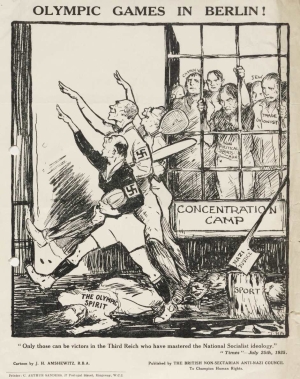 &Alpha;&nu;&tau;&iota;&delta;&eta;&mu;&omicron;&phi;&iota;&lambda;ή&sigmaf; &pi;&omicron;&lambda;&iota;&tau;&iota;&kappa;ή &gamma;&epsilon;&lambda;&omicron;&iota;&omicron;&gamma;&rho;&alpha;&phi;ί&alpha; &tau;&omicron;&upsilon; 1935, &epsilon;&nu;ό&psi;&epsilon;&iota; &tau;&eta;&sigmaf; &delta;&iota;&omicron;&rho;&gamma;ά&nu;&omega;&sigma;&eta;&sigmaf; &tau;&omega;&nu; &Omicron;&lambda;&upsilon;&mu;&pi;&iota;&alpha;&kappa;ώ&nu; &alpha;&gamma;ώ&nu;&omega;&nu; &alpha;&pi;ό &tau;&omicron; &Beta;&epsilon;&rho;&omicron;&lambda;ί&nu;&omicron; &tau;&omicron; 1936, &pi;&omicron;&upsilon; &sigma;&chi;&epsilon;&delta;ί&alpha;&sigma;&epsilon; &omicron; &beta;&rho;&epsilon;&tau;&alpha;&nu;ό&sigmaf; &epsilon;&beta;&rho;&alpha;ί&omicron;&sigmaf; &zeta;&omega;&gamma;&rho;ά&phi;&omicron;&sigmaf; &kappa;&alpha;&iota; &epsilon;&iota;&kappa;&omicron;&nu;&omicron;&gamma;&rho;ά&phi;&omicron;&sigmaf; John Henry Amshewitz. &Nu;&alpha;&zeta;ί &alpha;&theta;&lambda;&eta;&tau;έ&sigmaf; &pi;&omicron;&delta;&omicron;&pi;&alpha;&tau;&omicron;ύ&nu; &tau;&omicron; &omicron;&lambda;&upsilon;&mu;&pi;&iota;&alpha;&kappa;ό &pi;&nu;&epsilon;ύ&mu;&alpha; &epsilon;&nu;ώ &pi;&alpha;&rho;&epsilon;&lambda;&alpha;ύ&nu;&omicron;&upsilon;&nu; &mu;&pi;&rho;&omicron;&sigma;&tau;ά &alpha;&pi;ό έ&nu;&alpha; &sigma;&tau;&rho;&alpha;&tau;ό&pi;&epsilon;&delta;&omicron; &sigma;&upsilon;&gamma;&kappa;έ&nu;&tau;&rho;&omega;&sigma;&eta;&sigmaf; ό&pi;&omicron;&upsilon;, &mu;&epsilon;&tau;&alpha;&xi;ύ ά&lambda;&lambda;&omega;&nu;, &kappa;&rho;&alpha;&tau;&omicron;ύ&nu;&tau;&alpha;&iota; &epsilon;&beta;&rho;&alpha;ί&omicron;&iota; &kappa;&alpha;&iota; έ&nu;&alpha;&sigmaf; &laquo;&mu;&eta; &pi;&omicron;&lambda;&iota;&tau;&iota;&kappa;ό&sigmaf; &alpha;&theta;&lambda;&eta;&tau;ή&sigmaf;&raquo;. &Sigma;&tau;&eta; &beta;ά&sigma;&eta; &tau;&eta;&sigmaf; &gamma;&epsilon;&lambda;&omicron;&iota;&omicron;&gamma;&rho;&alpha;&phi;ί&alpha;&sigmaf;, &tau;&omicron; &tau;&sigma;&epsilon;&kappa;&omicron;ύ&rho;&iota; &tau;&eta;&sigmaf; &laquo;&nu;&alpha;&zeta;&iota;&sigma;&tau;&iota;&kappa;ή&sigmaf; &delta;&iota;&kappa;&alpha;&iota;&omicron;&sigma;ύ&nu;&eta;&sigmaf;&raquo; &kappa;ό&beta;&epsilon;&iota; &tau;&omicron; &delta;έ&nu;&tau;&rho;&omicron; &tau;&omicron;&upsilon; &alpha;&theta;&lambda;&eta;&tau;&iota;&sigma;&mu;&omicron;ύ. &Eta; &gamma;&epsilon;&lambda;&omicron;&iota;&omicron;&gamma;&rho;&alpha;&phi;ί&alpha; &kappa;&upsilon;&kappa;&lambda;&omicron;&phi;ό&rho;&eta;&sigma;&epsilon; &omega;&sigmaf; &alpha;&phi;ί&sigma;&alpha; &tau;&omicron; 1935 &sigma;&tau;&eta; &Beta;&rho;&epsilon;&tau;&alpha;&nu;ί&alpha; &mu;&epsilon; &pi;&rho;&omega;&tau;&omicron;&beta;&omicron;&upsilon;&lambda;ί&alpha; &tau;&omicron;&upsilon; &Beta;&rho;&epsilon;&tau;&alpha;&nu;&iota;&kappa;&omicron;ύ &Mu;&eta; &Sigma;&epsilon;&chi;&tau;&alpha;&rho;&iota;&sigma;&tau;&iota;&kappa;&omicron;ύ &Alpha;&nu;&tau;&iota;&nu;&alpha;&zeta;&iota;&sigma;&tau;&iota;&kappa;&omicron;ύ &Sigma;&upsilon;&mu;&beta;&omicron;&upsilon;&lambda;ί&omicron;&upsilon; (British Non-Sectarian Anti-Nazi Council).   