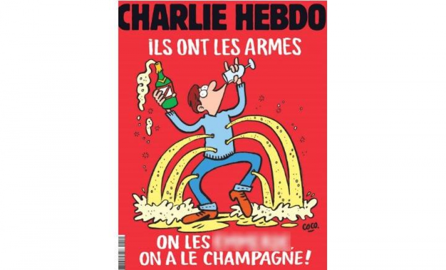 Το τεύχος του Charlie Hebdo, που κυκλοφόρησε μετά το δολοφονικό κτύπημα των ισλαμιστών τρομοκρατών στο Παρίσι, της 13ης Νοεμβρίου, ήταν υπόδειγμα σαρκασμού: «Αυτοί έχουν τα όπλα, αλλά γαμώτο, εμείς έχουμε τη σαμπάνια», γράφει η λεζάντα του πρωτοσέλιδου.