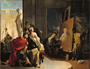 Ο Τζανμπατίστα Τιέπολο (1696 - 1770) ήταν βενετσιάνος ζωγράφος ο οποίος επανέφερε την μεγαλοπρέπεια στη ζωγραφική, ξαναζωντανεύοντας στα έργα του, τα οποία εκτελούσε με τρομερή ταχύτητα, την ιταλική παράδοση της τοιχογραφίας. Το στυλ της τέχνης του ήταν το ροκοκό που κυριαρχούσε στη βενετσιάνικη ζωγραφική τον 18ο αιώνα και χάρη σ’ αυτό έγινε διάσημος σε όλη την Ευρώπη. Συχνά, η αναζήτηση της τελειότητας ήταν το θέμα των εικόνων του, όπως η συγκεκριμένη, που φιλοτεχνήθηκε το 1725-27 και έχει τίτλο Ο Αλέξανδρος και η Παγκάστη στο εργαστήρι του Απελλή. Ο Απελλής ήταν ο πιο διάσημος καλλιτέχνης της αρχαιότητας – και ο Τιέπολο τον ζωγραφίζει να προσπαθεί να επιβεβαιώσει τη φήμη του, απαθανατίζοντας δυο πρόσωπα που στην εποχή τους είχαν και ομορφιά και δύναμη: τον μετέπειτα βασιλιά της Μακεδονίας και τη διάσημη για την ομορφιά της εταίρα, την Παγκάστη τη Λαρισαία.