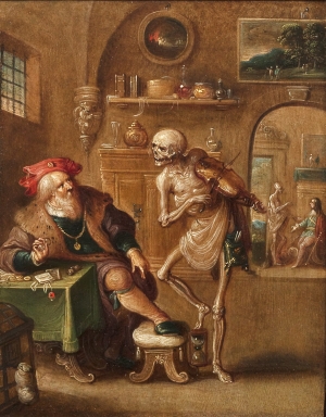 Frans Francken the Younger (1581-1642), O &theta;ά&nu;&alpha;&tau;&omicron;&sigmaf; &kappa;&alpha;&iota; &omicron; έ&mu;&pi;&omicron;&rho;&omicron;&sigmaf;, &lambda;ά&delta;&iota; &sigma;&epsilon; &kappa;&alpha;&mu;&beta;ά, 16,5 x 13 &epsilon;&kappa;.